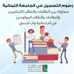 رسوم التسجيل في الجامعة اللبنانية  مساواة بين الطالبات والطلاب اللبنانيين، والطالبات والطلاب المولودين  من أم لبنانية وأب أجنبي.